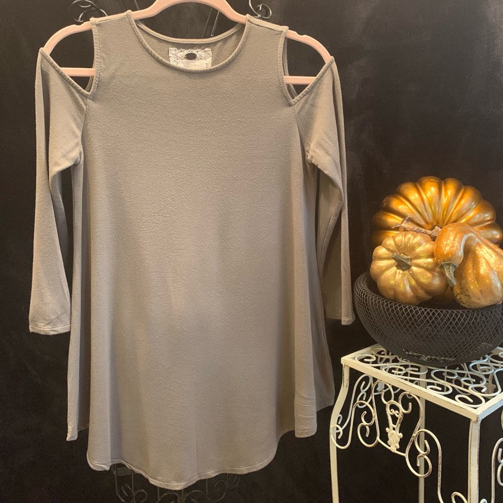Cupio Tunic Cold Shoulder Jersey Knit Olive Green Sweatshirt Slouchy Swing